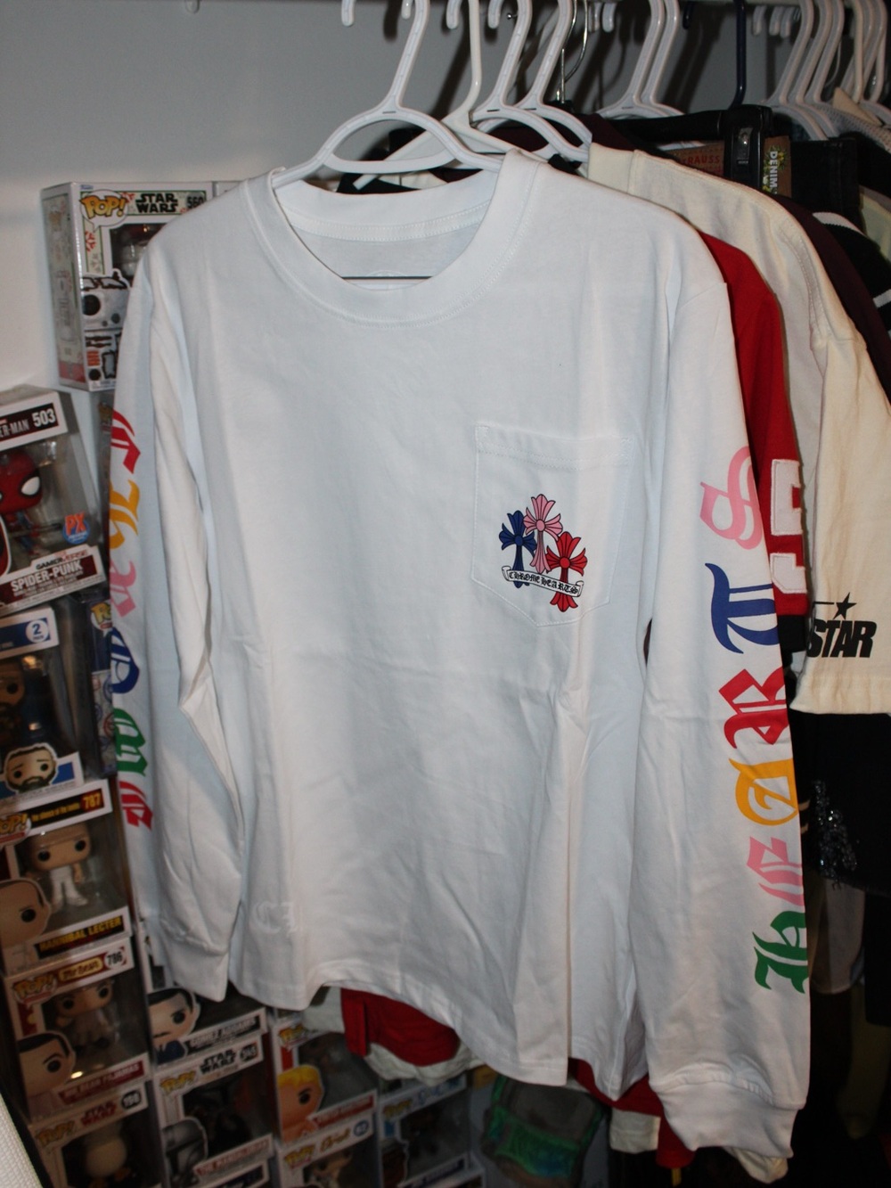Chrome Hearts White Long Sleeve Pocket Tee with Multicolor Sleeve Graphics